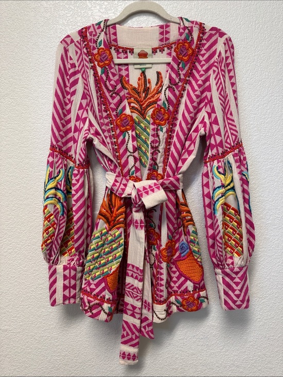 FARM Rio Tops - FARM Rio Jacquard Belted Pink Embroidered Pineapple Kimono Jacket Coverup